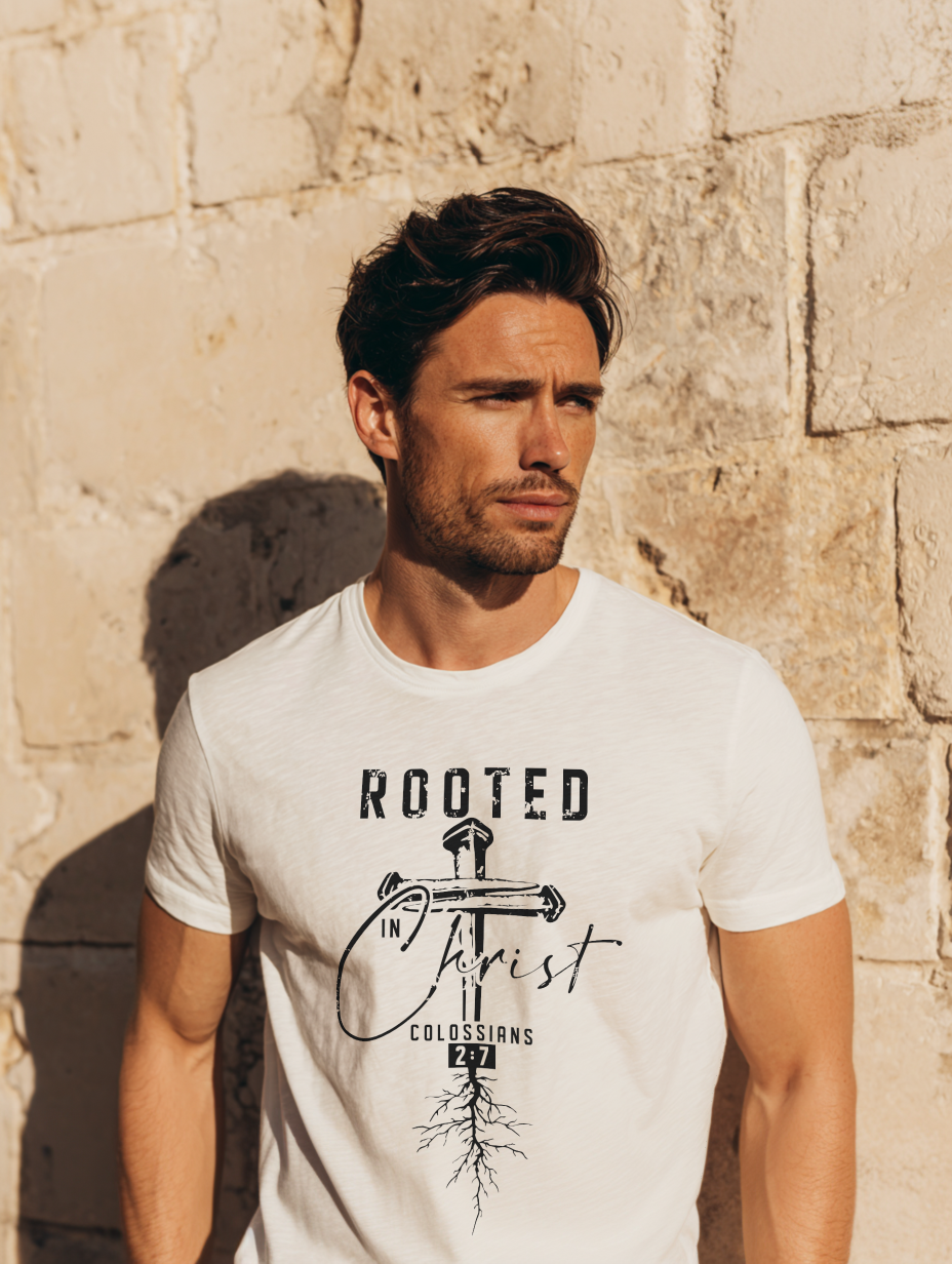 Rooted in Christ Colossians 2:7 Christian Apparel, Faith-Based Gift T-Shirt
